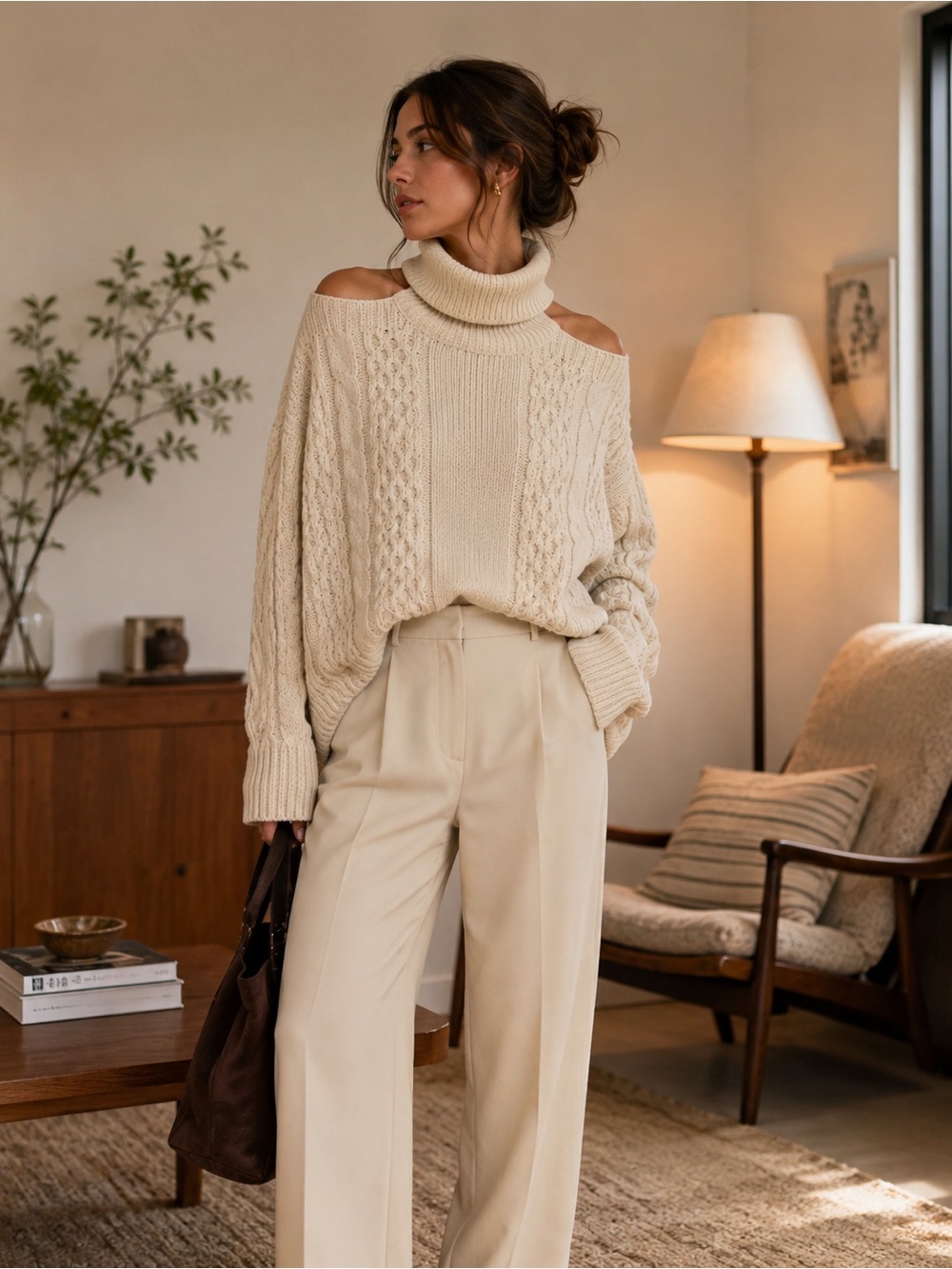 Anthropologie Ivory Cable Knit Turtleneck Sweater Cold Shoulder Size Small